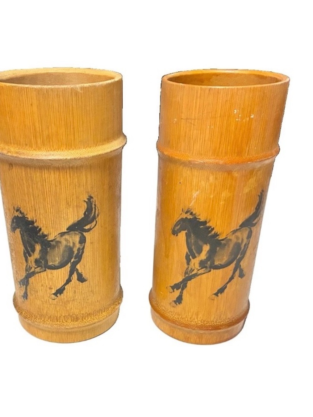 Vintage Asian Hand painted Bamboo Vases Lot of 2 Seven and 1/2 Inches Tall